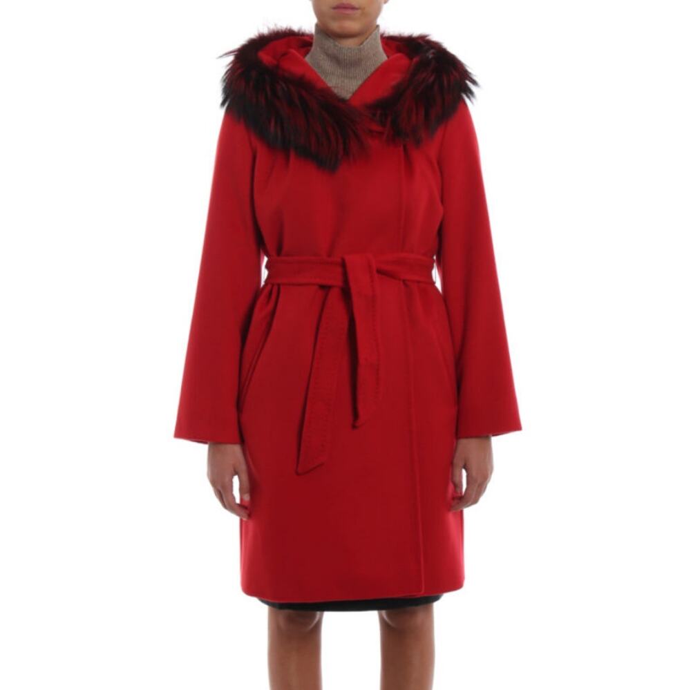Max Mara Studio Fur-Trim Mango Wool Parka Coat Red Size 4